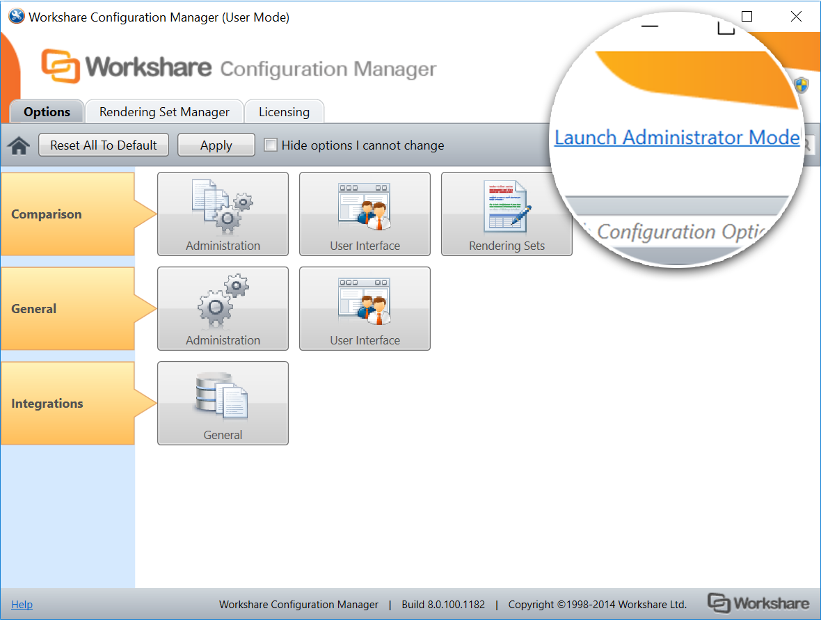 The "Launch administrator mode" option is located in the top-right-hand corner of the Workshare Configuration Manager dialog.