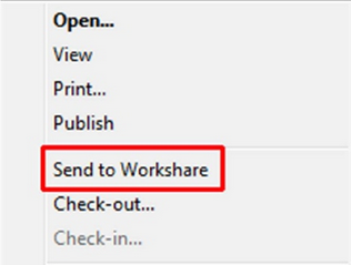 Right-click your file or folder in Open Text and select Send to Workshare