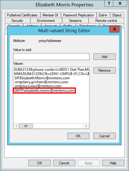 The example shows "SMTP:elizabeth.morris@mintons.com" listed in the "Values:" field.