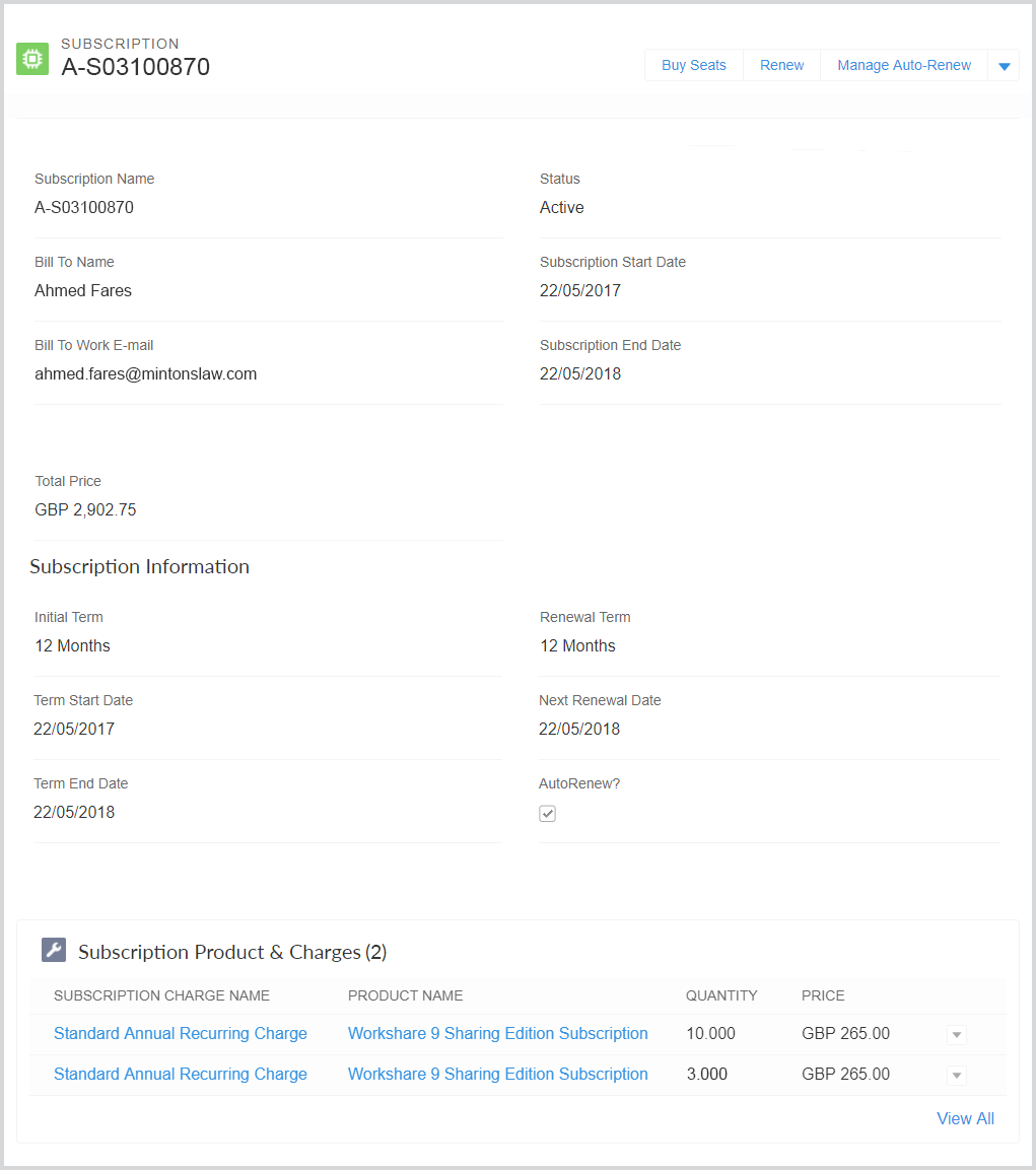 This is an image of a subscription's details. It includes information such as the subscription's name, status, start and end date, billing email, price and more. At the bottom is a list of charges associated with this subscription, such as additional seats.