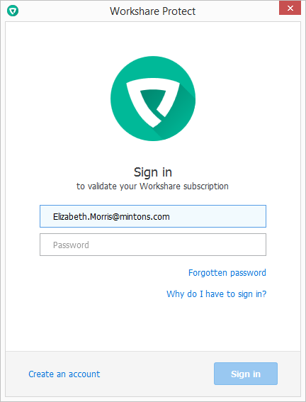 Image of the Workshare Protect Sign in dialog.