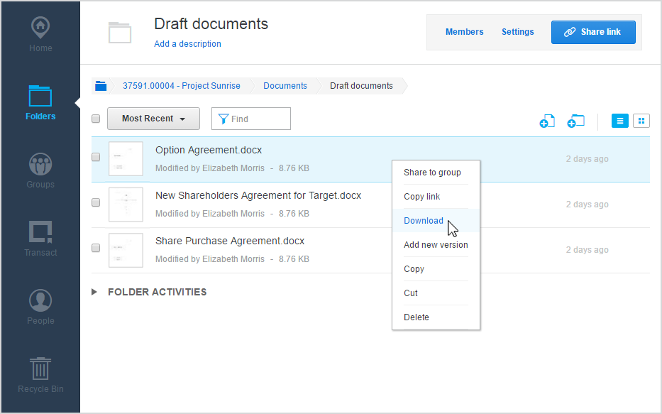"Download" is the third option when you right-click a file in Workshare