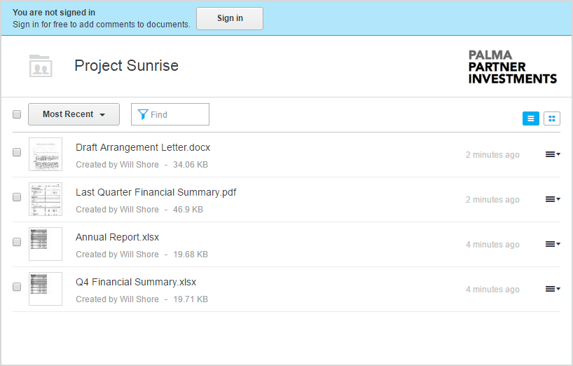 The folders files are displayed. The folder owner's logo appears in the top right-corner. A banner is displayed across the top that says: "You are not signed in. Sign in for free to add comments to documents." There is a "Sign in" button to the right of the message.