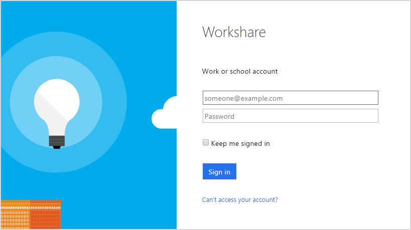 The Microsoft sign in page has two fields: one to enter a user name and one to enter a password. Below these fields are a "Sign in" button and a "Back" button.