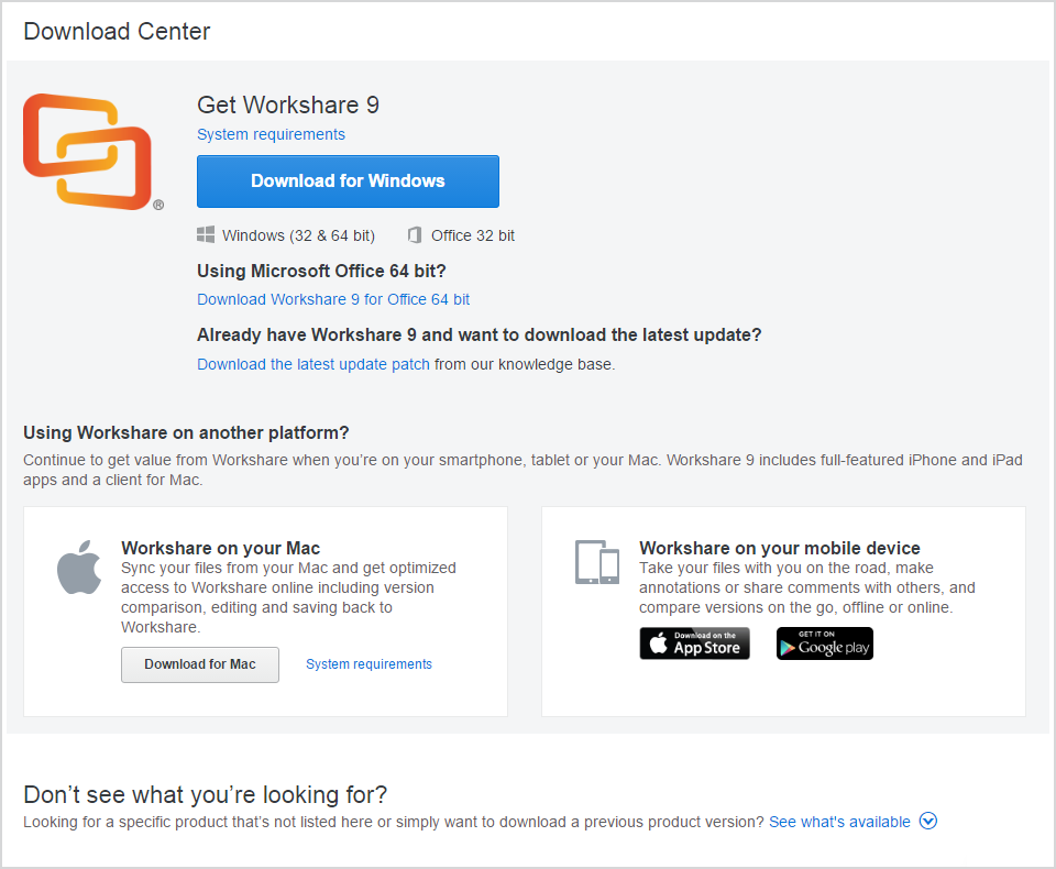 The largest button on the Download Center says "Download for Windows". Underneath the button there are two options: "Download Workshare 9 for Office 64 bit" and "Download the latest update patch". Below that, there is a button to "Download for Mac".