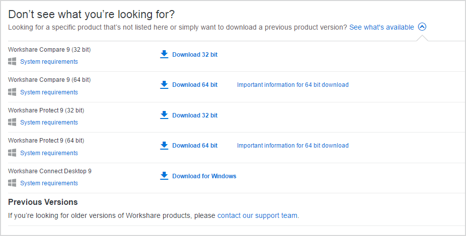 When you select the "See what's available" option at the bottom of the page, the page expands to show downloads for Compare 9 (32 bit), Compare 9 (64 bit), Protect 9 (32 bit), Protect 9 (64 bit), and Workshare Connect Desktop 9.