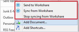 There are three options when you right-click a folder: "Send to Workshare", "Sync from Workshare", and "Stop syncing from Workshare".