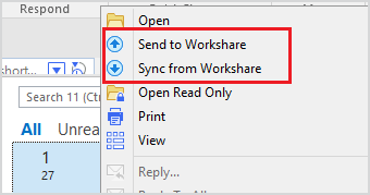 There are two Workshare options when you right-click a file: "Send to Workshare" and "Sync from Workshare".