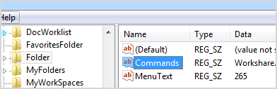 When you select "Folder" from the left pane of the registry editor, an option appears in the right pane called "Commands"