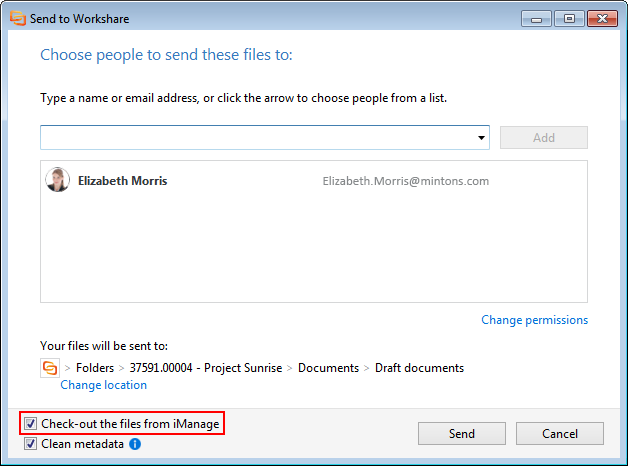 The "Check-out the files from iManage" option is at the bottom of the dialog.