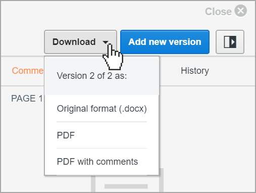 When you click the "Download" button, you are presented with three options for the file: "Original format", "PDF" and "PDF with comments"